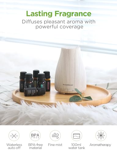 InnoGear Essential Oil Diffuser with Oils, 100ml Aromatherapy Diffuser with 6 Essential Oils Set, Aroma Cool Mist Humidifier Gift Set, Dark Wood Grain