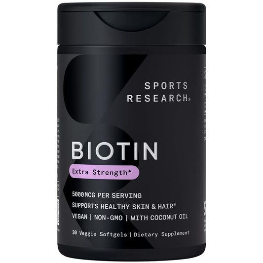 Sports Research® Biotin 10,000mcg with Organic Coconut Oil - Biotin (Vitamin B7) for Healthy Skin and Hair Support* - for Women and Men - Vegan, Non-GMO, Gluten & Soy-Free - 30 Veggie Softgels