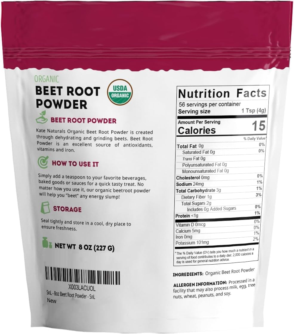 Kate Naturals Organic Beet Root Powder for Smoothies, Baking & Juice. Raw Beetroot Superfood & Natural Red Food Coloring (8oz, Non-GMO, Earthy Flavor)