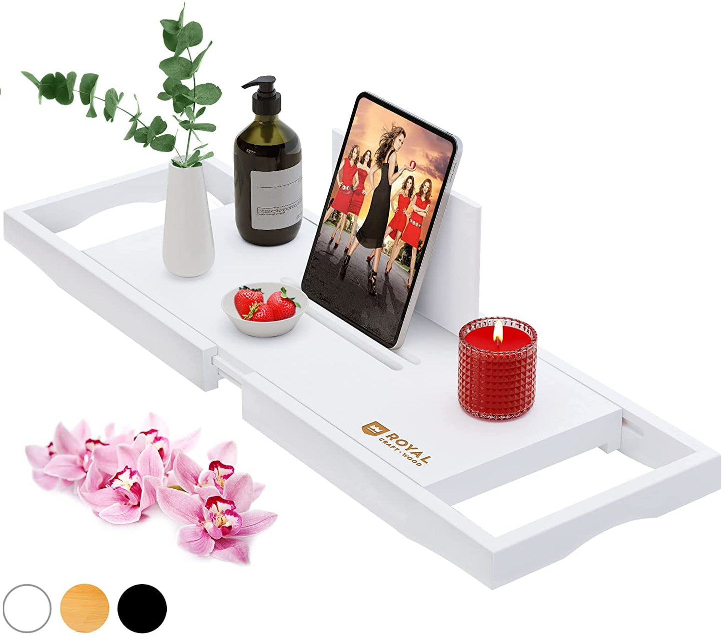 ROYAL CRAFT WOOD Premium Foldable Bathtub Tray - Wood Bath Tray for Tub, Bamboo Shelf, Expandable Bath Table Trays, Bathtub & Bathroom Accessories for New Home & Mothers Day & Birthday Gifts for Mom