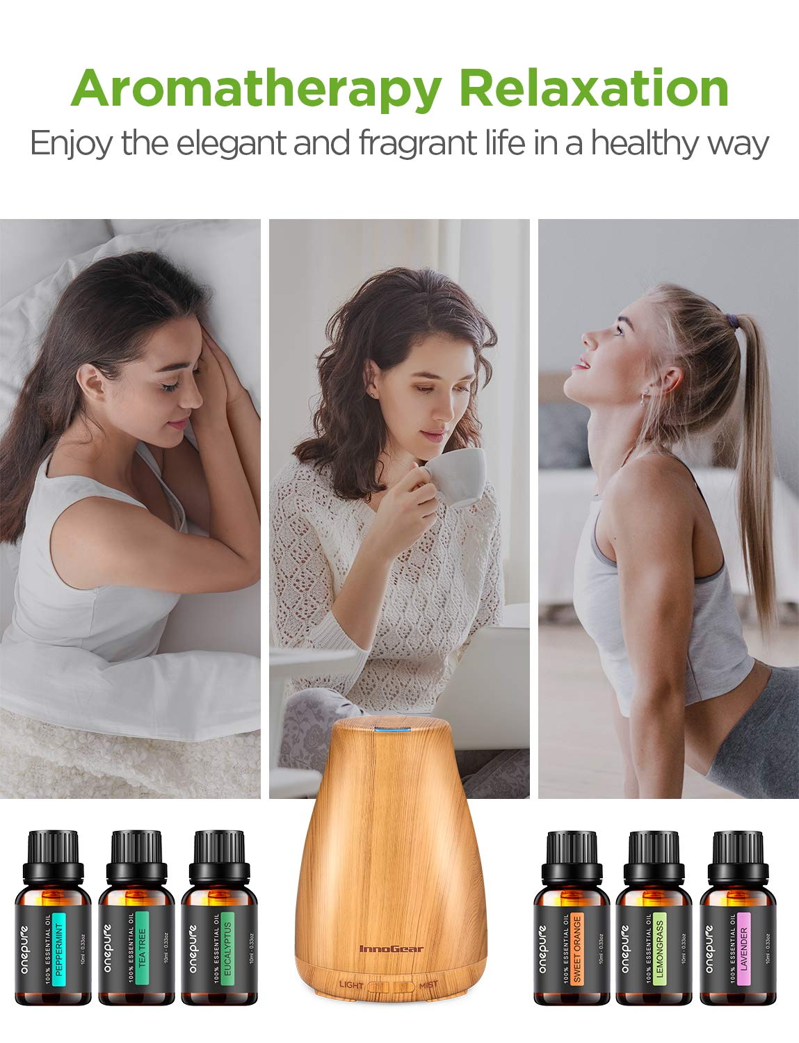 InnoGear Essential Oil Diffuser with Oils, 100ml Aromatherapy Diffuser with 6 Essential Oils Set, Aroma Cool Mist Humidifier Gift Set, Dark Wood Grain