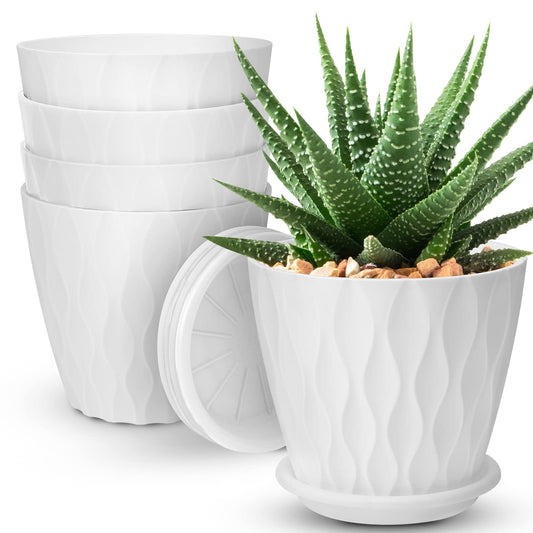 6 inch Plant Pots, 5 Pack Flower Pots Outdoor Indoor, Planters with Drainage Holes and Tray Saucers
