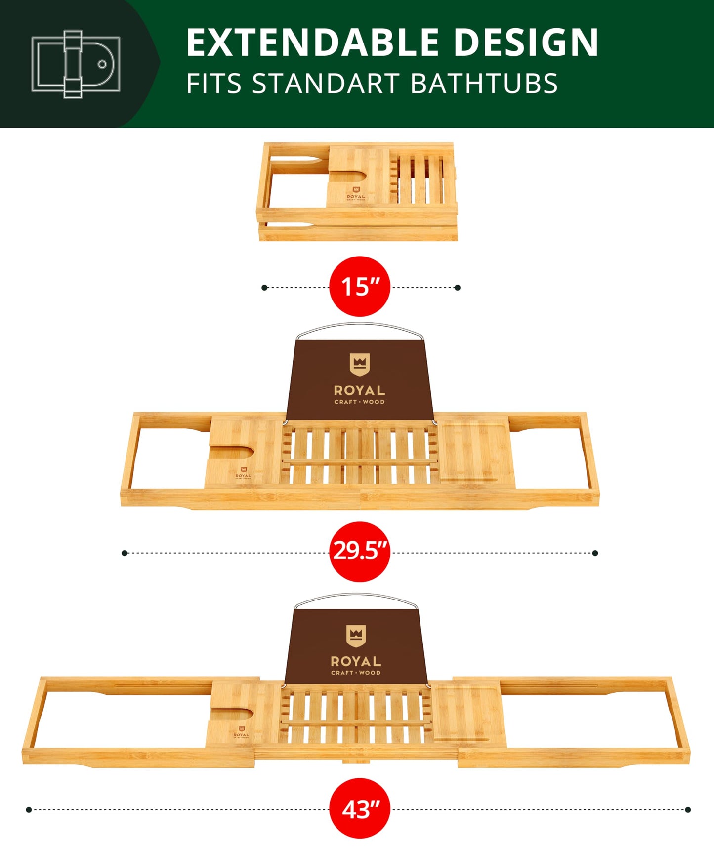ROYAL CRAFT WOOD Premium Foldable Bathtub Tray - Wood Bath Tray for Tub, Bamboo Shelf, Expandable Bath Table Trays, Bathtub & Bathroom Accessories for New Home & Mothers Day & Birthday Gifts for Mom