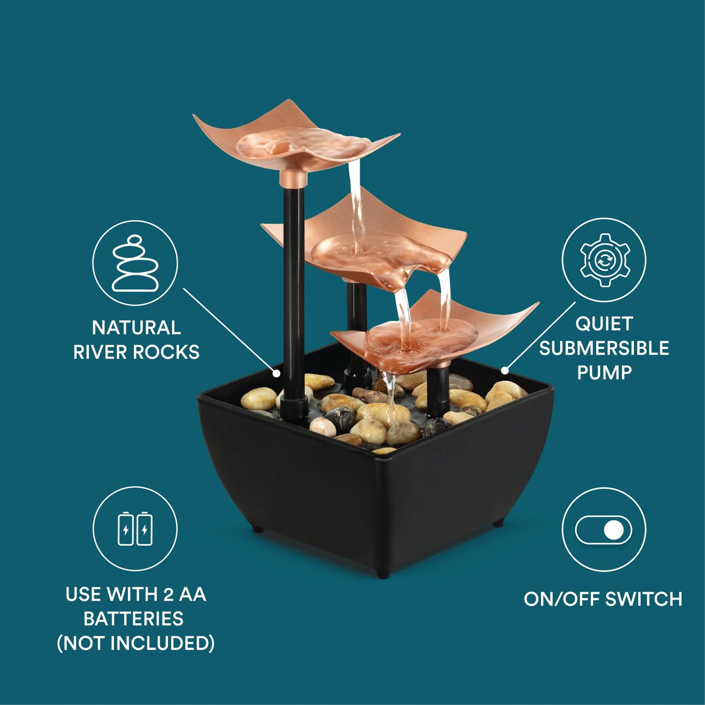 Homedics Golden Dew Relaxation Tabletop Water Fountain with 3 Tiers, Natural River Rocks, and a Quiet Pump for Soothing Zen Ambiance in Your Home or for Office Décor, Powered by 2 AA Batteries