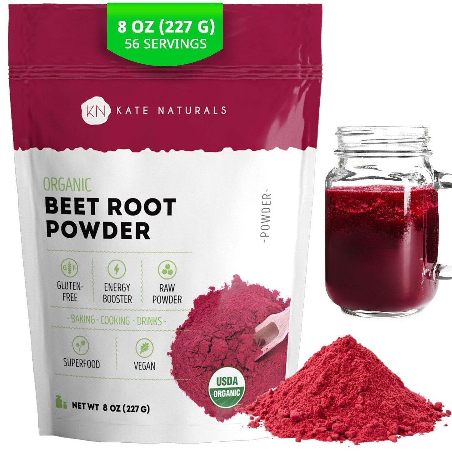 Kate Naturals Organic Beet Root Powder for Smoothies, Baking & Juice. Raw Beetroot Superfood & Natural Red Food Coloring (8oz, Non-GMO, Earthy Flavor)