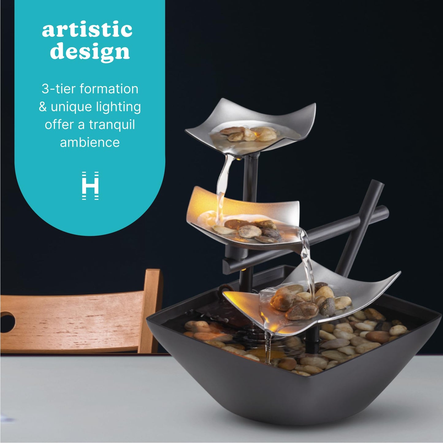 Homedics Golden Dew Relaxation Tabletop Water Fountain with 3 Tiers, Natural River Rocks, and a Quiet Pump for Soothing Zen Ambiance in Your Home or for Office Décor, Powered by 2 AA Batteries