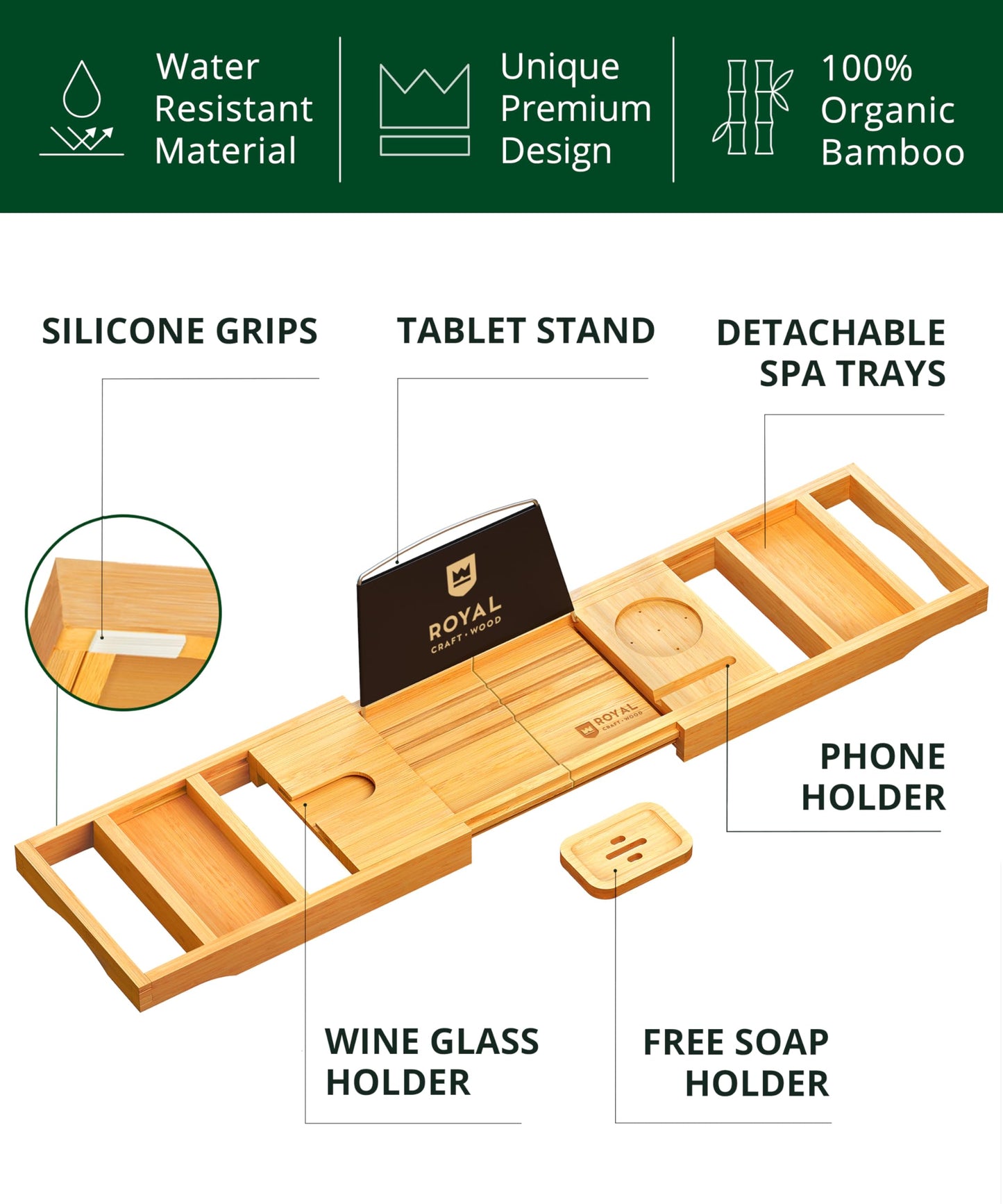 ROYAL CRAFT WOOD Premium Foldable Bathtub Tray - Wood Bath Tray for Tub, Bamboo Shelf, Expandable Bath Table Trays, Bathtub & Bathroom Accessories for New Home & Mothers Day & Birthday Gifts for Mom
