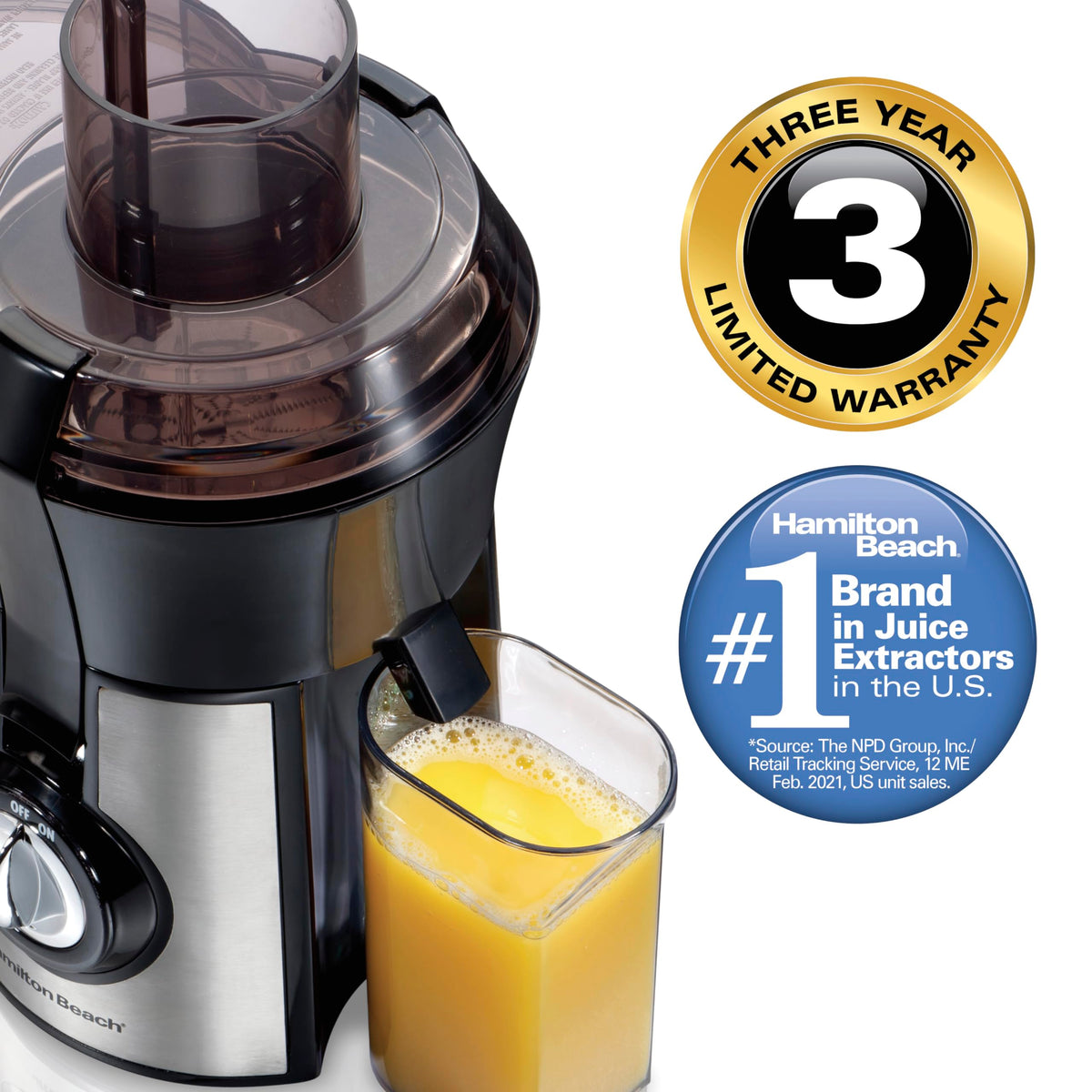 Hamilton Beach Juicer Machine, Big Mouth Large 3” Feed Chute for Whole Fruits and Vegetables, Easy to Clean, Centrifugal Extractor, BPA Free, 800W Motor, Black