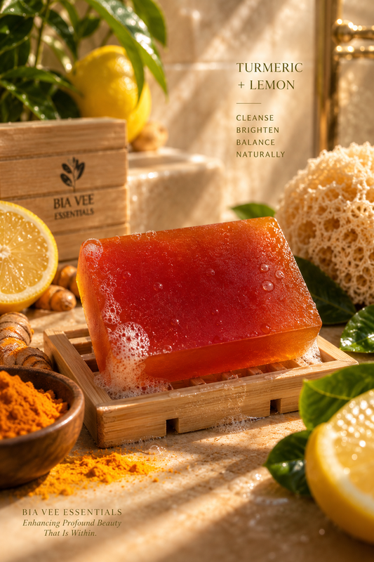A rectangular bar of translucent amber-red soap sits on a small wooden tray, surrounded by lemon halves, green leaves, a sponge, turmeric powder, and a branded box reading BIA VEE ESSENTIALS. Text on the image says 'TURMERIC + LEMON' and 'CLEANSE BRIGHTEN BALANCE NATURALLY.