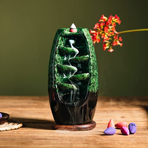 INONE Ceramic Incense Burner with 120 Cones, Waterfall Backflow Incense Holder, Aromatherapy Ornament, Zen Decor, Home Decor, Room Decor (Black)