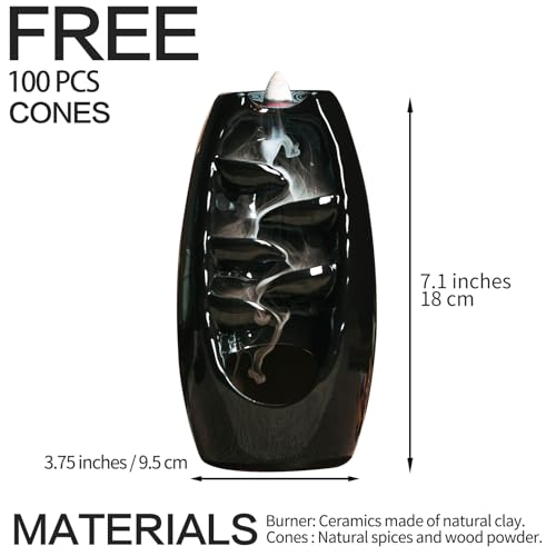 INONE Ceramic Incense Burner with 120 Cones, Waterfall Backflow Incense Holder, Aromatherapy Ornament, Zen Decor, Home Decor, Room Decor (Black)