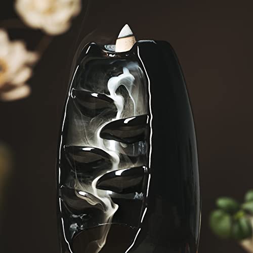 INONE Ceramic Incense Burner with 120 Cones, Waterfall Backflow Incense Holder, Aromatherapy Ornament, Zen Decor, Home Decor, Room Decor (Black)