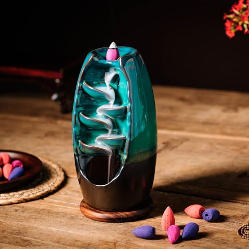 INONE Ceramic Incense Burner with 120 Cones, Waterfall Backflow Incense Holder, Aromatherapy Ornament, Zen Decor, Home Decor, Room Decor (Black)