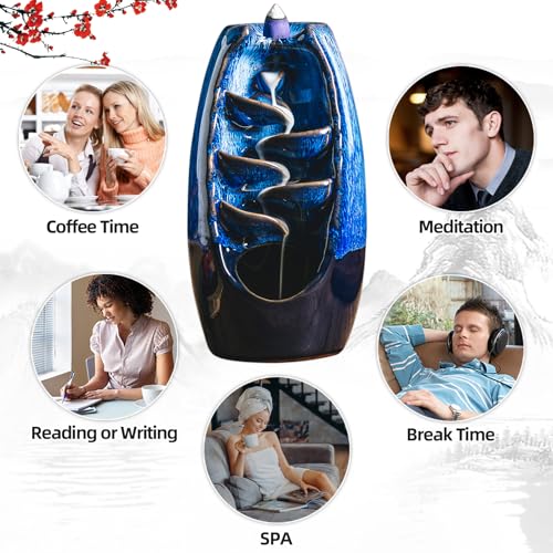 INONE Ceramic Incense Burner with 120 Cones, Waterfall Backflow Incense Holder, Aromatherapy Ornament, Zen Decor, Home Decor, Room Decor (Black)