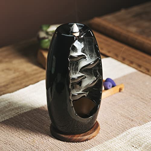 INONE Ceramic Incense Burner with 120 Cones, Waterfall Backflow Incense Holder, Aromatherapy Ornament, Zen Decor, Home Decor, Room Decor (Black)
