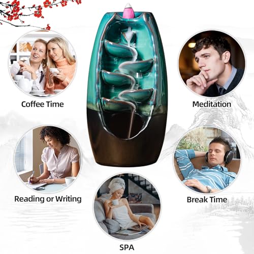 INONE Ceramic Incense Burner with 120 Cones, Waterfall Backflow Incense Holder, Aromatherapy Ornament, Zen Decor, Home Decor, Room Decor (Black)