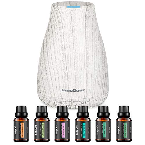 InnoGear Essential Oil Diffuser with Oils, 100ml Aromatherapy Diffuser with 6 Essential Oils Set, Aroma Cool Mist Humidifier Gift Set, Dark Wood Grain