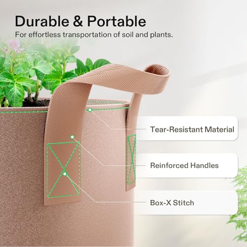 VIVOSUN 5-Pack 5 Gallon Grow Bags Heavy Duty 300G Thickened Nonwoven Plant Fabric Pots with Handles