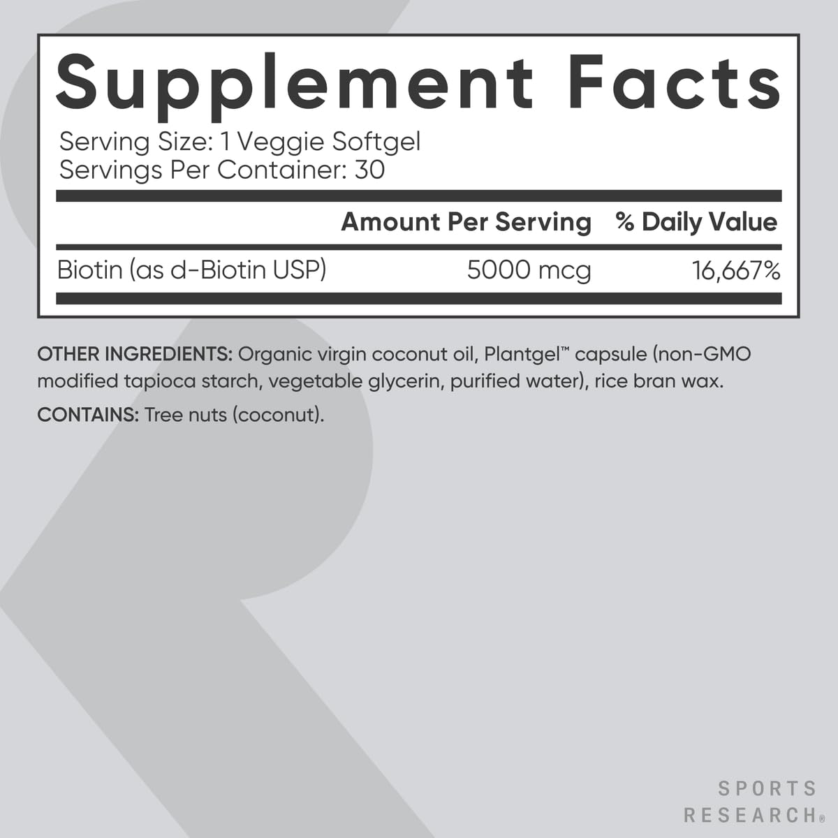 Sports Research® Biotin 10,000mcg with Organic Coconut Oil - Biotin (Vitamin B7) for Healthy Skin and Hair Support* - for Women and Men - Vegan, Non-GMO, Gluten & Soy-Free - 30 Veggie Softgels