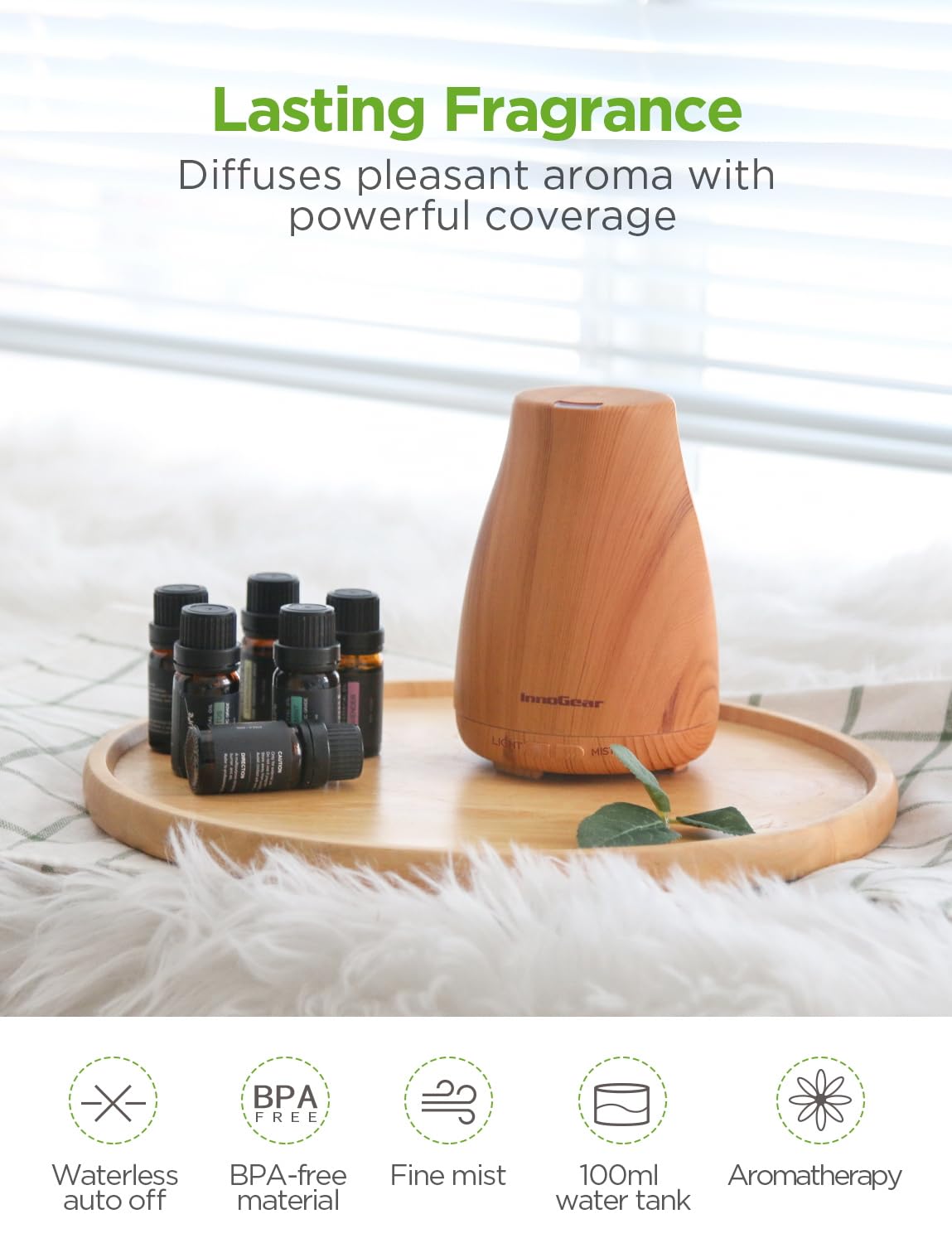 InnoGear Essential Oil Diffuser with Oils, 100ml Aromatherapy Diffuser with 6 Essential Oils Set, Aroma Cool Mist Humidifier Gift Set, Dark Wood Grain