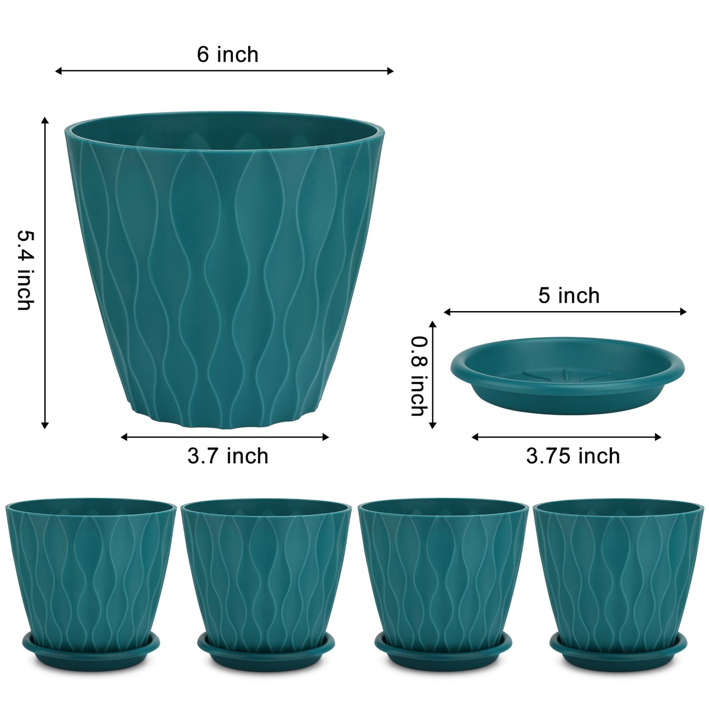 6 inch Plant Pots, 5 Pack Flower Pots Outdoor Indoor, Planters with Drainage Holes and Tray Saucers