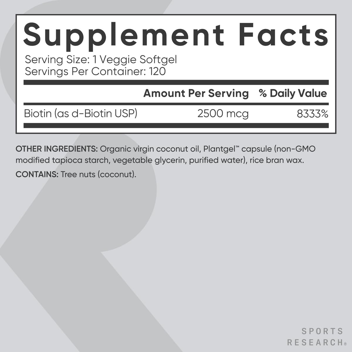Sports Research® Biotin 10,000mcg with Organic Coconut Oil - Biotin (Vitamin B7) for Healthy Skin and Hair Support* - for Women and Men - Vegan, Non-GMO, Gluten & Soy-Free - 30 Veggie Softgels