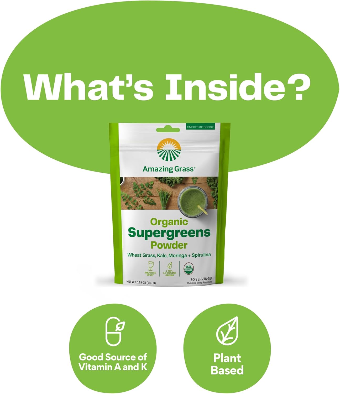 Amazing Grass Super Greens Booster: Greens Powder Smoothie Mix with Spirulina, Moringa, Wheat Grass & Kale Smoothie Booster, Chlorophyll Providing Greens, 30 Servings