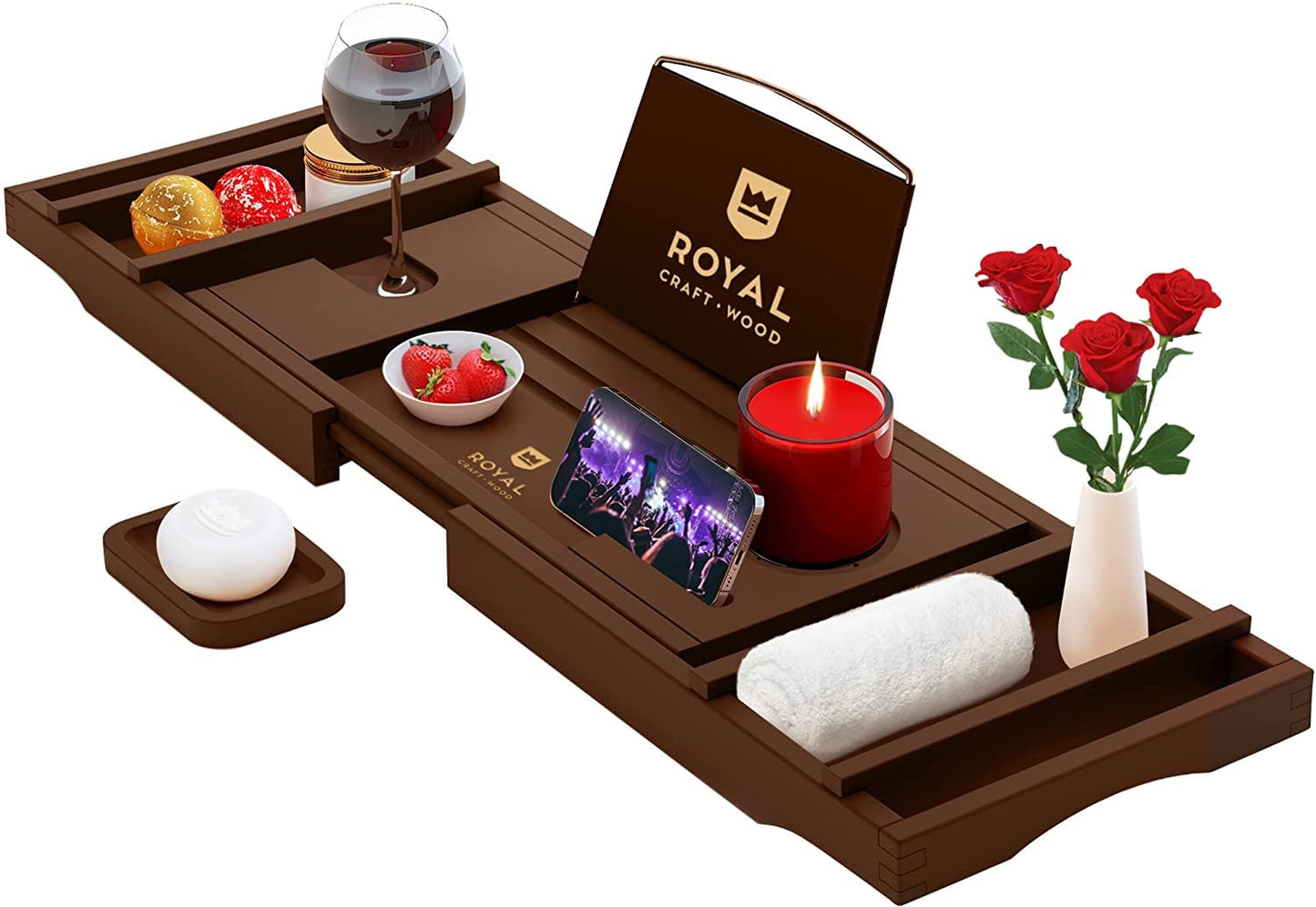 ROYAL CRAFT WOOD Premium Foldable Bathtub Tray - Wood Bath Tray for Tub, Bamboo Shelf, Expandable Bath Table Trays, Bathtub & Bathroom Accessories for New Home & Mothers Day & Birthday Gifts for Mom