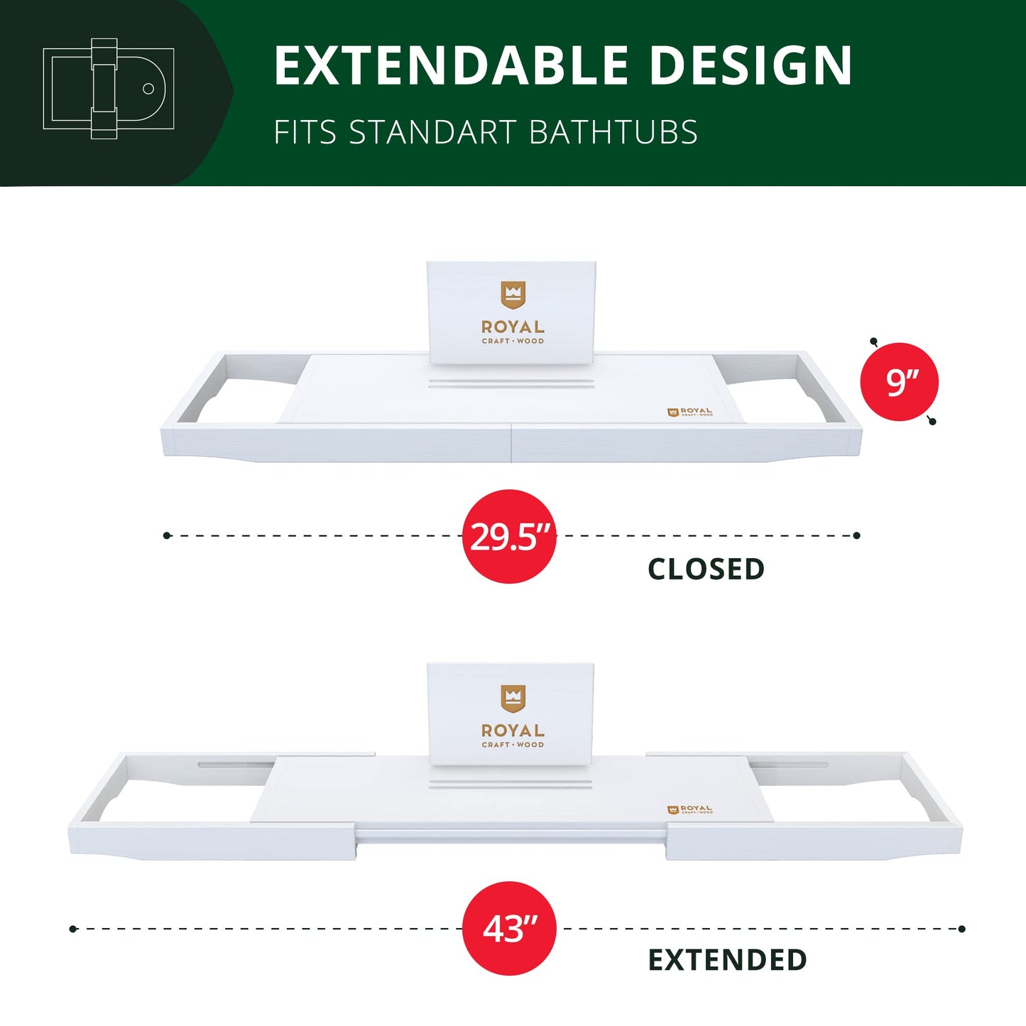 ROYAL CRAFT WOOD Premium Foldable Bathtub Tray - Wood Bath Tray for Tub, Bamboo Shelf, Expandable Bath Table Trays, Bathtub & Bathroom Accessories for New Home & Mothers Day & Birthday Gifts for Mom