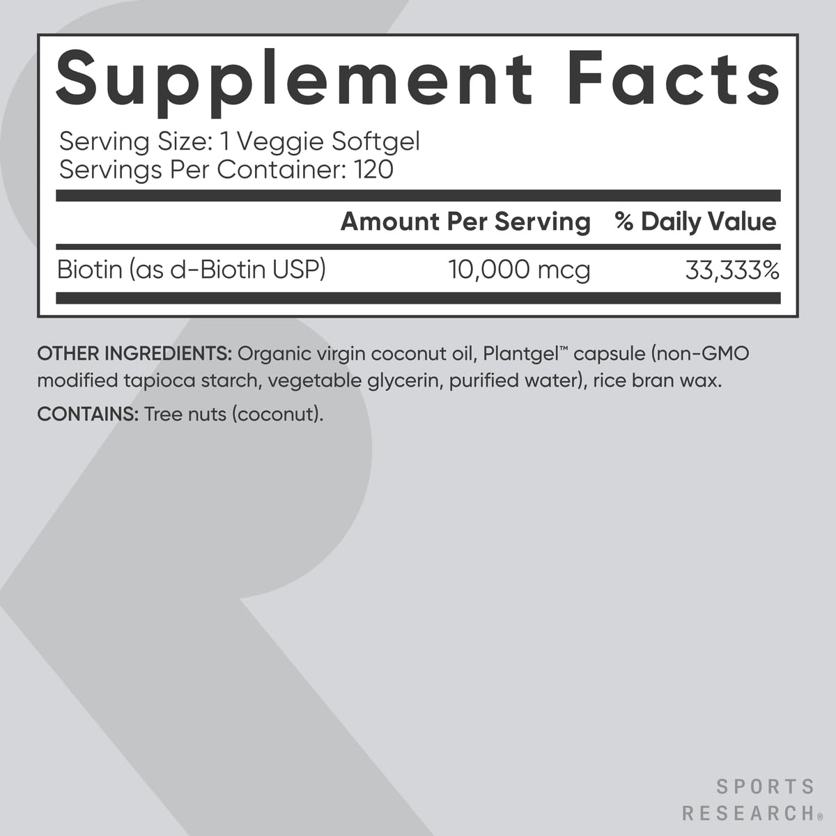 Sports Research® Biotin 10,000mcg with Organic Coconut Oil - Biotin (Vitamin B7) for Healthy Skin and Hair Support* - for Women and Men - Vegan, Non-GMO, Gluten & Soy-Free - 30 Veggie Softgels