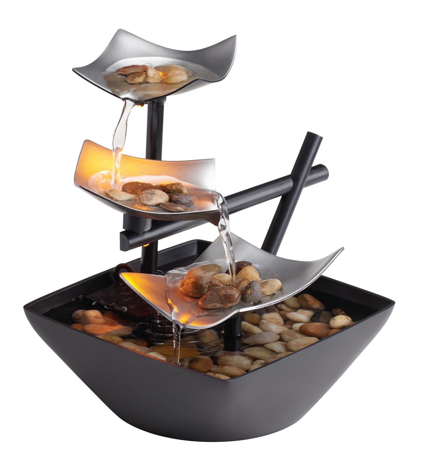 Homedics Golden Dew Relaxation Tabletop Water Fountain with 3 Tiers, Natural River Rocks, and a Quiet Pump for Soothing Zen Ambiance in Your Home or for Office Décor, Powered by 2 AA Batteries