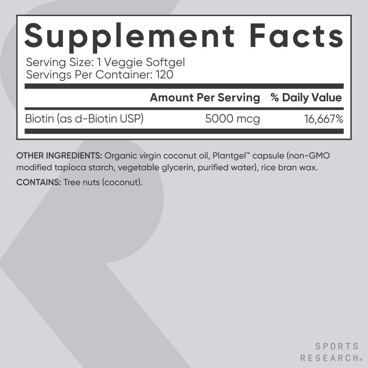 Sports Research® Biotin 10,000mcg with Organic Coconut Oil - Biotin (Vitamin B7) for Healthy Skin and Hair Support* - for Women and Men - Vegan, Non-GMO, Gluten & Soy-Free - 30 Veggie Softgels