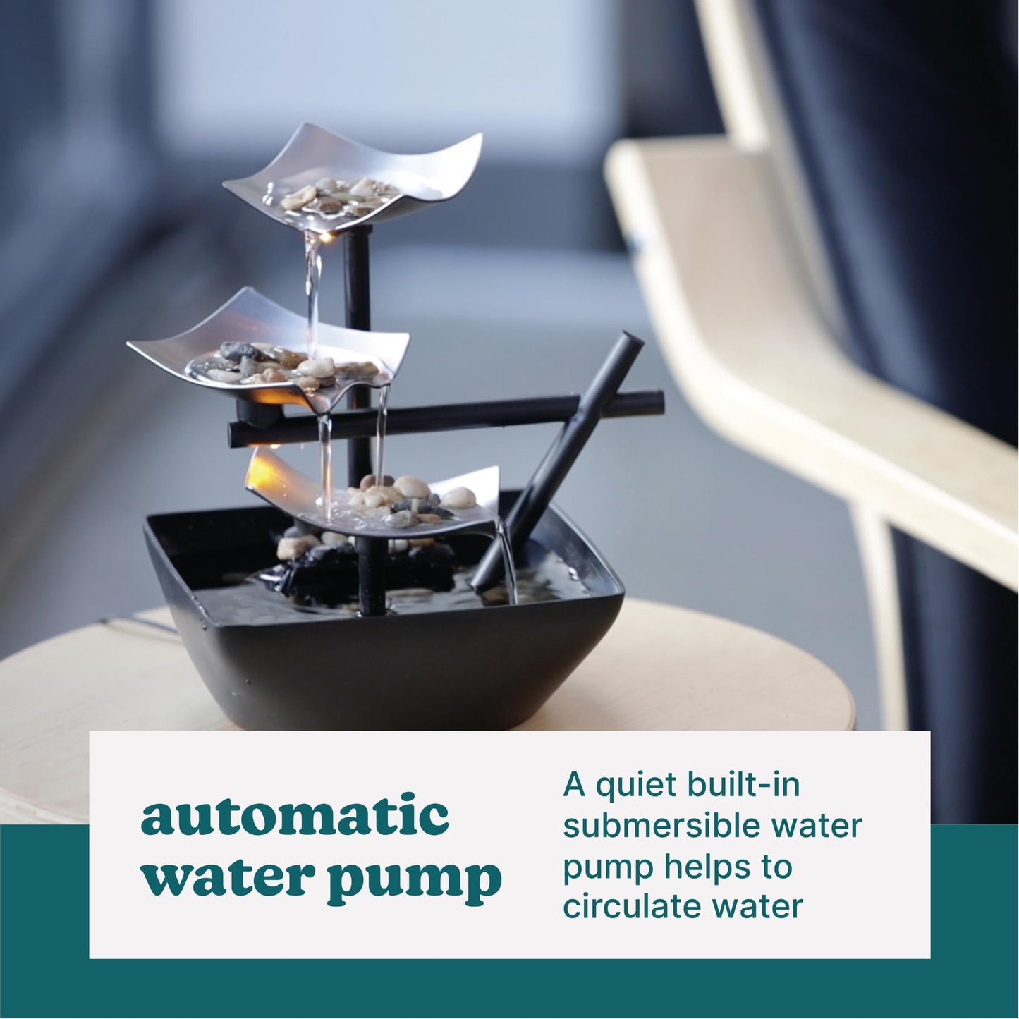 Homedics Golden Dew Relaxation Tabletop Water Fountain with 3 Tiers, Natural River Rocks, and a Quiet Pump for Soothing Zen Ambiance in Your Home or for Office Décor, Powered by 2 AA Batteries