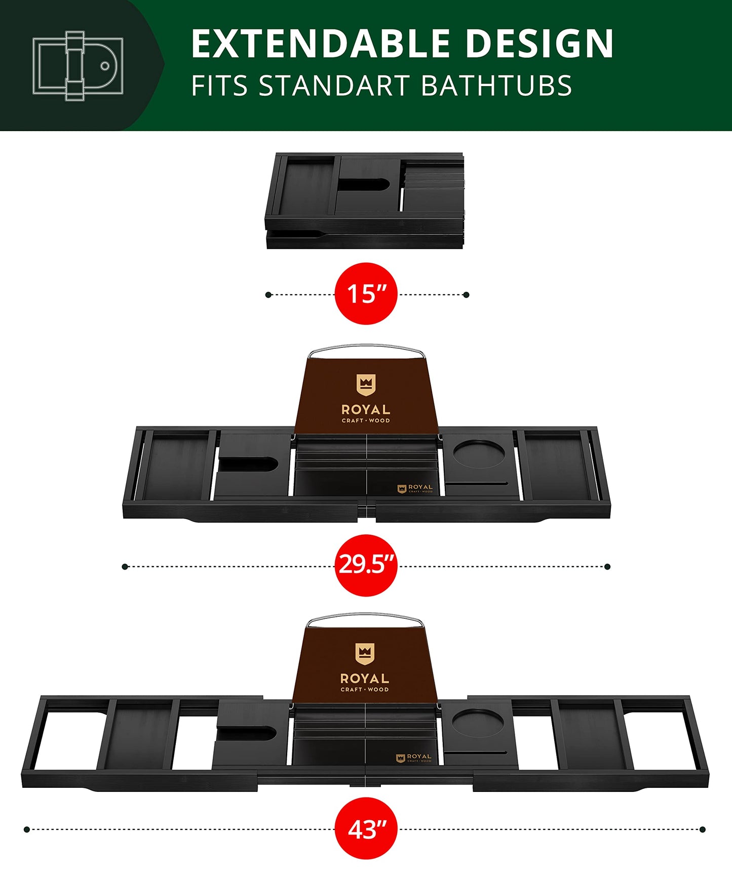 ROYAL CRAFT WOOD Premium Foldable Bathtub Tray - Wood Bath Tray for Tub, Bamboo Shelf, Expandable Bath Table Trays, Bathtub & Bathroom Accessories for New Home & Mothers Day & Birthday Gifts for Mom