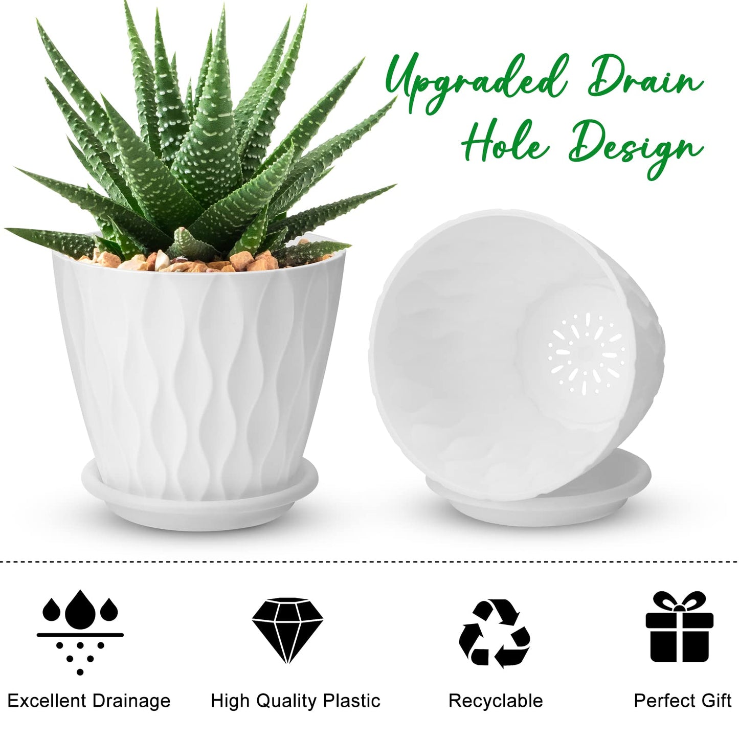 6 inch Plant Pots, 5 Pack Flower Pots Outdoor Indoor, Planters with Drainage Holes and Tray Saucers