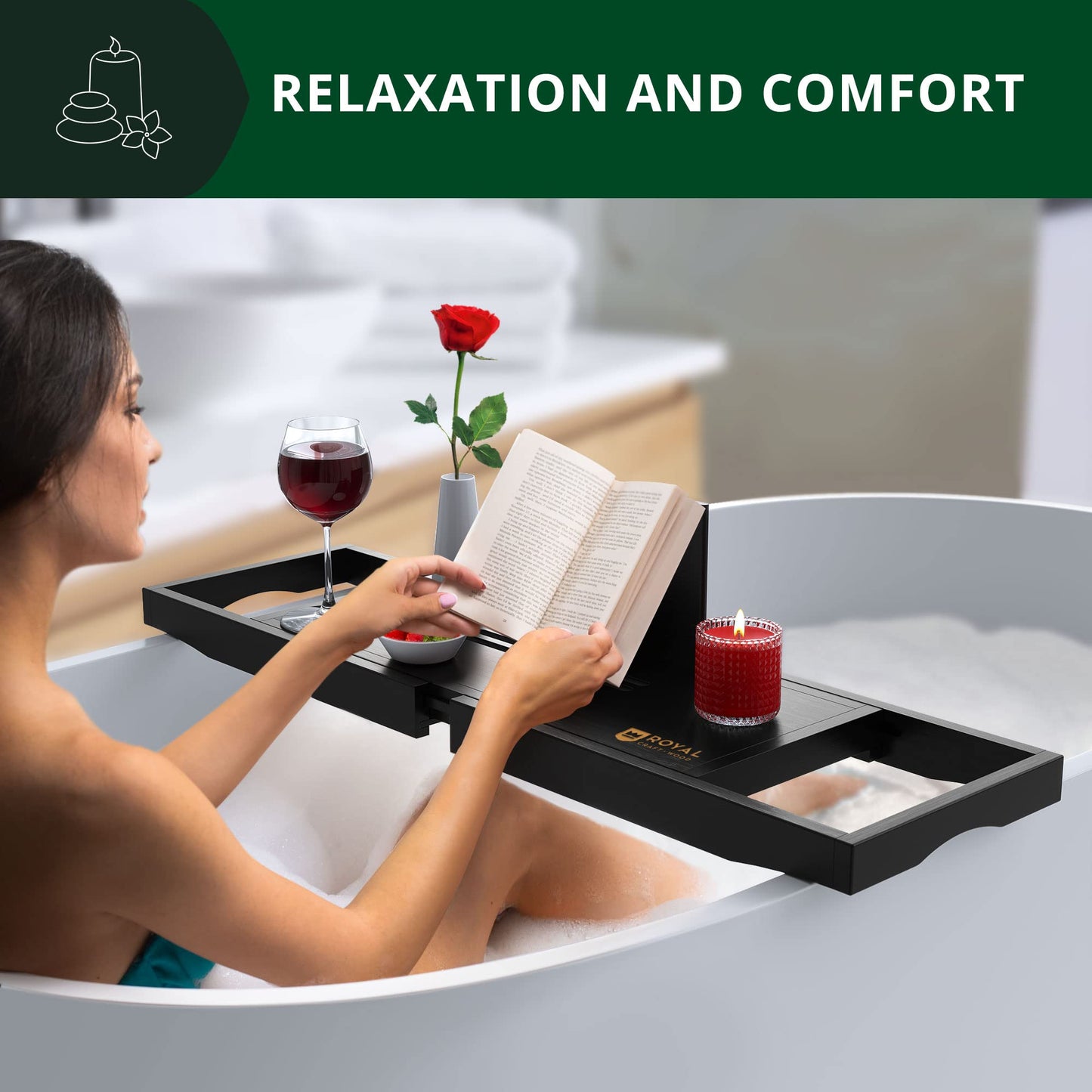 ROYAL CRAFT WOOD Premium Foldable Bathtub Tray - Wood Bath Tray for Tub, Bamboo Shelf, Expandable Bath Table Trays, Bathtub & Bathroom Accessories for New Home & Mothers Day & Birthday Gifts for Mom