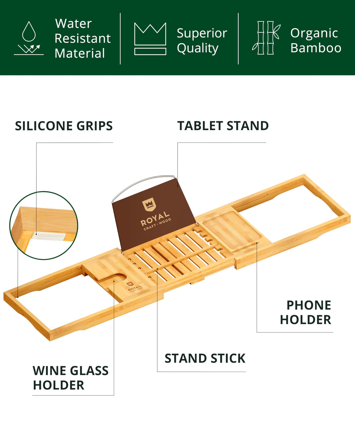 ROYAL CRAFT WOOD Premium Foldable Bathtub Tray - Wood Bath Tray for Tub, Bamboo Shelf, Expandable Bath Table Trays, Bathtub & Bathroom Accessories for New Home & Mothers Day & Birthday Gifts for Mom