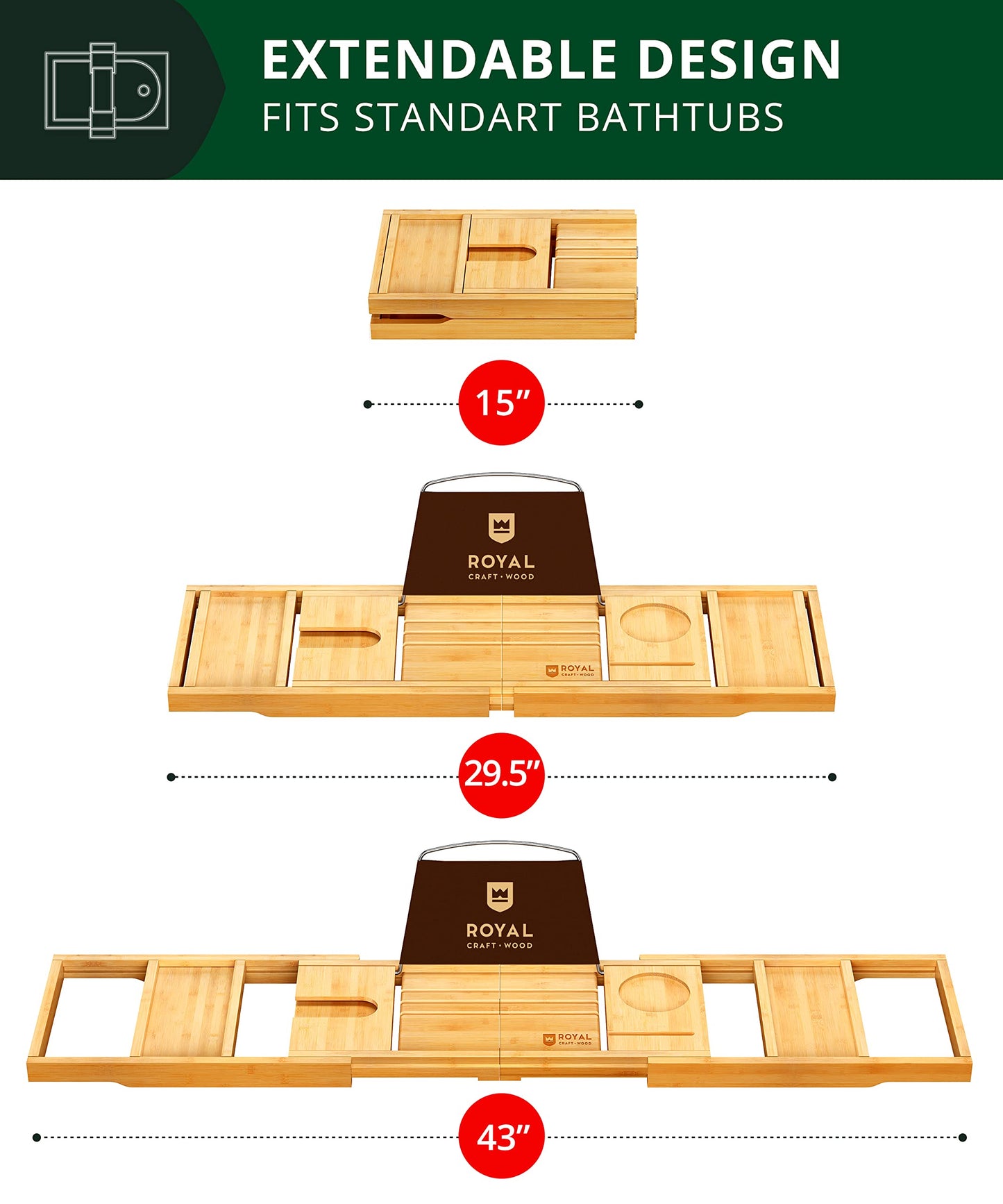 ROYAL CRAFT WOOD Premium Foldable Bathtub Tray - Wood Bath Tray for Tub, Bamboo Shelf, Expandable Bath Table Trays, Bathtub & Bathroom Accessories for New Home & Mothers Day & Birthday Gifts for Mom
