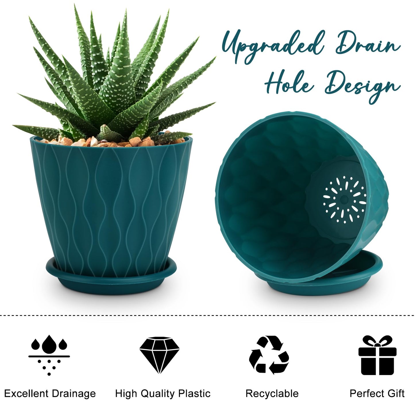 6 inch Plant Pots, 5 Pack Flower Pots Outdoor Indoor, Planters with Drainage Holes and Tray Saucers