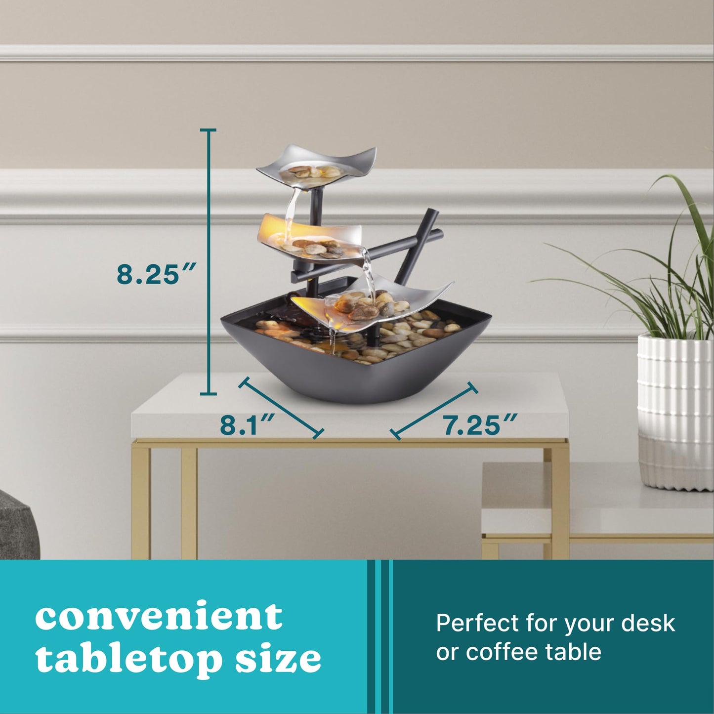 Homedics Golden Dew Relaxation Tabletop Water Fountain with 3 Tiers, Natural River Rocks, and a Quiet Pump for Soothing Zen Ambiance in Your Home or for Office Décor, Powered by 2 AA Batteries