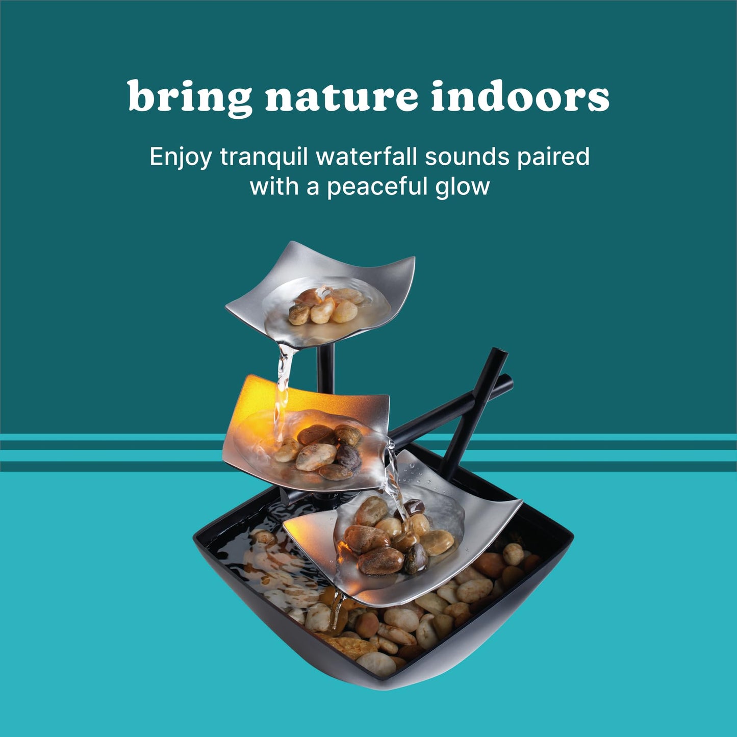 Homedics Golden Dew Relaxation Tabletop Water Fountain with 3 Tiers, Natural River Rocks, and a Quiet Pump for Soothing Zen Ambiance in Your Home or for Office Décor, Powered by 2 AA Batteries