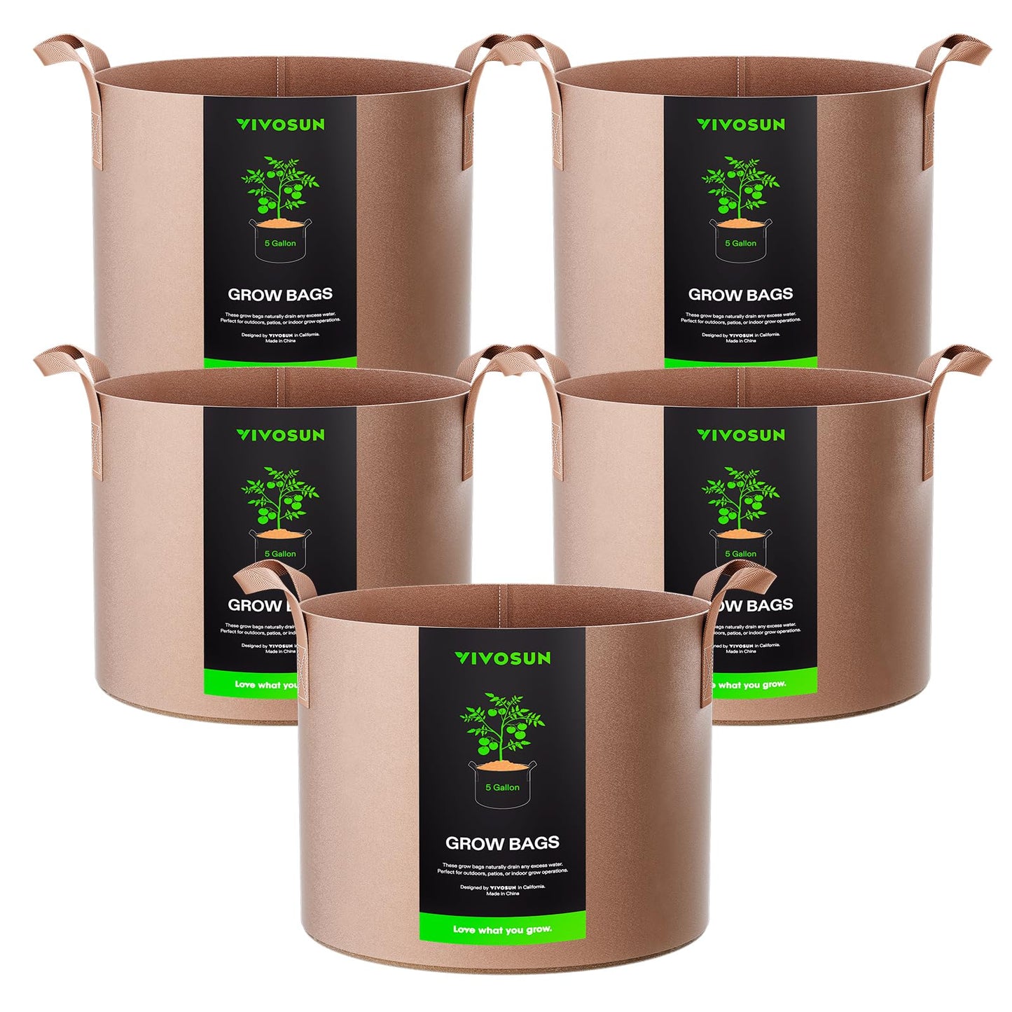 VIVOSUN 5-Pack 5 Gallon Grow Bags Heavy Duty 300G Thickened Nonwoven Plant Fabric Pots with Handles