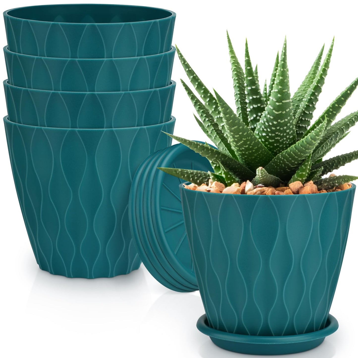 6 inch Plant Pots, 5 Pack Flower Pots Outdoor Indoor, Planters with Drainage Holes and Tray Saucers