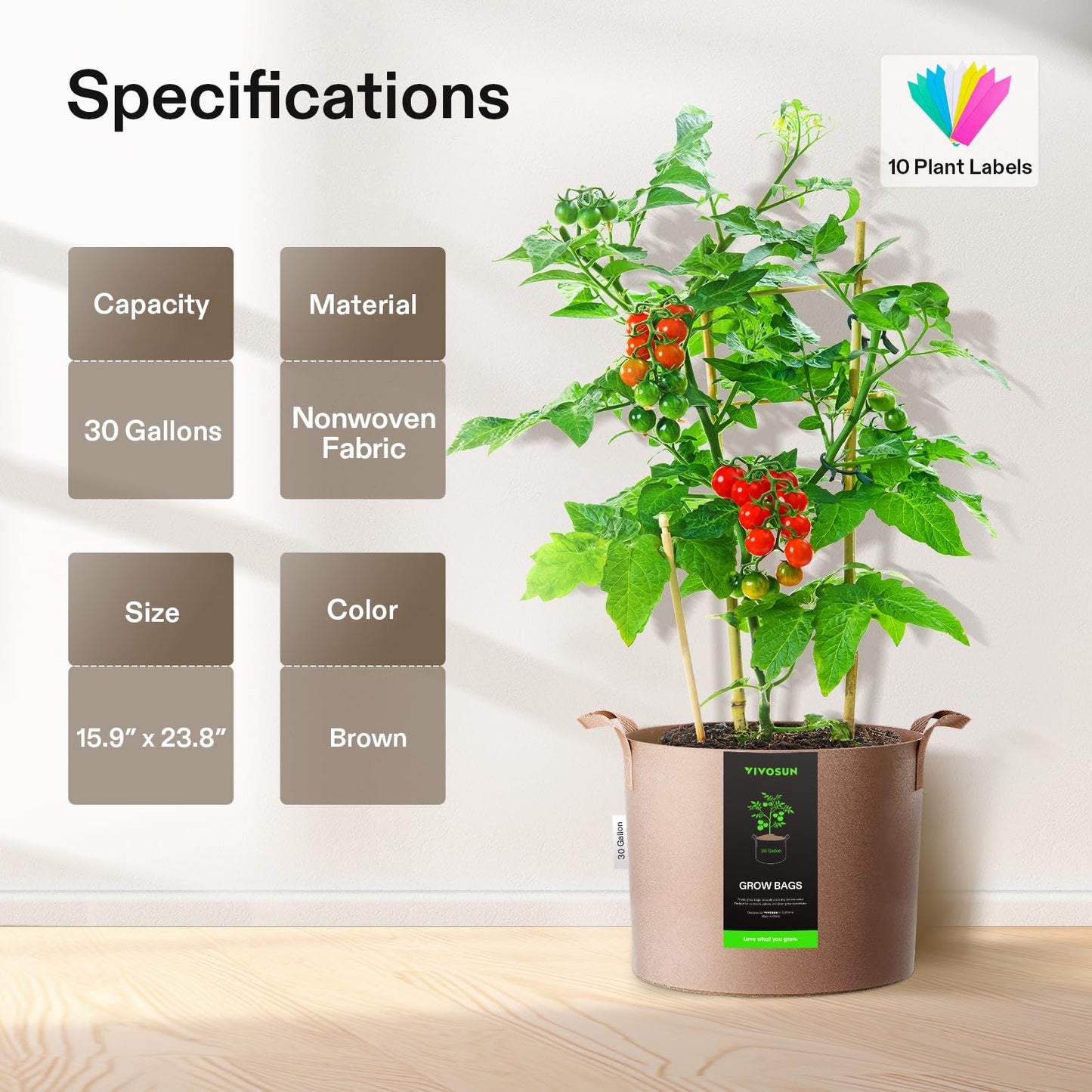 VIVOSUN 5-Pack 5 Gallon Grow Bags Heavy Duty 300G Thickened Nonwoven Plant Fabric Pots with Handles