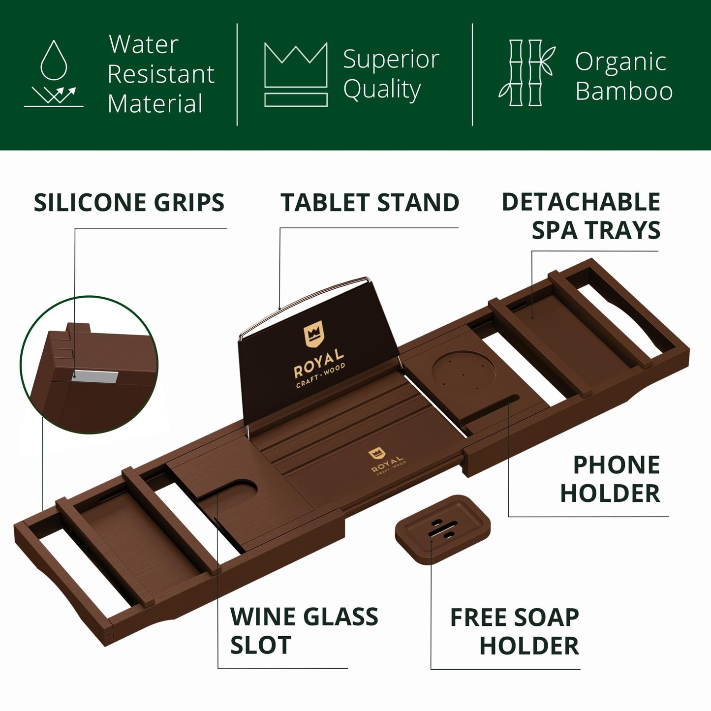 ROYAL CRAFT WOOD Premium Foldable Bathtub Tray - Wood Bath Tray for Tub, Bamboo Shelf, Expandable Bath Table Trays, Bathtub & Bathroom Accessories for New Home & Mothers Day & Birthday Gifts for Mom