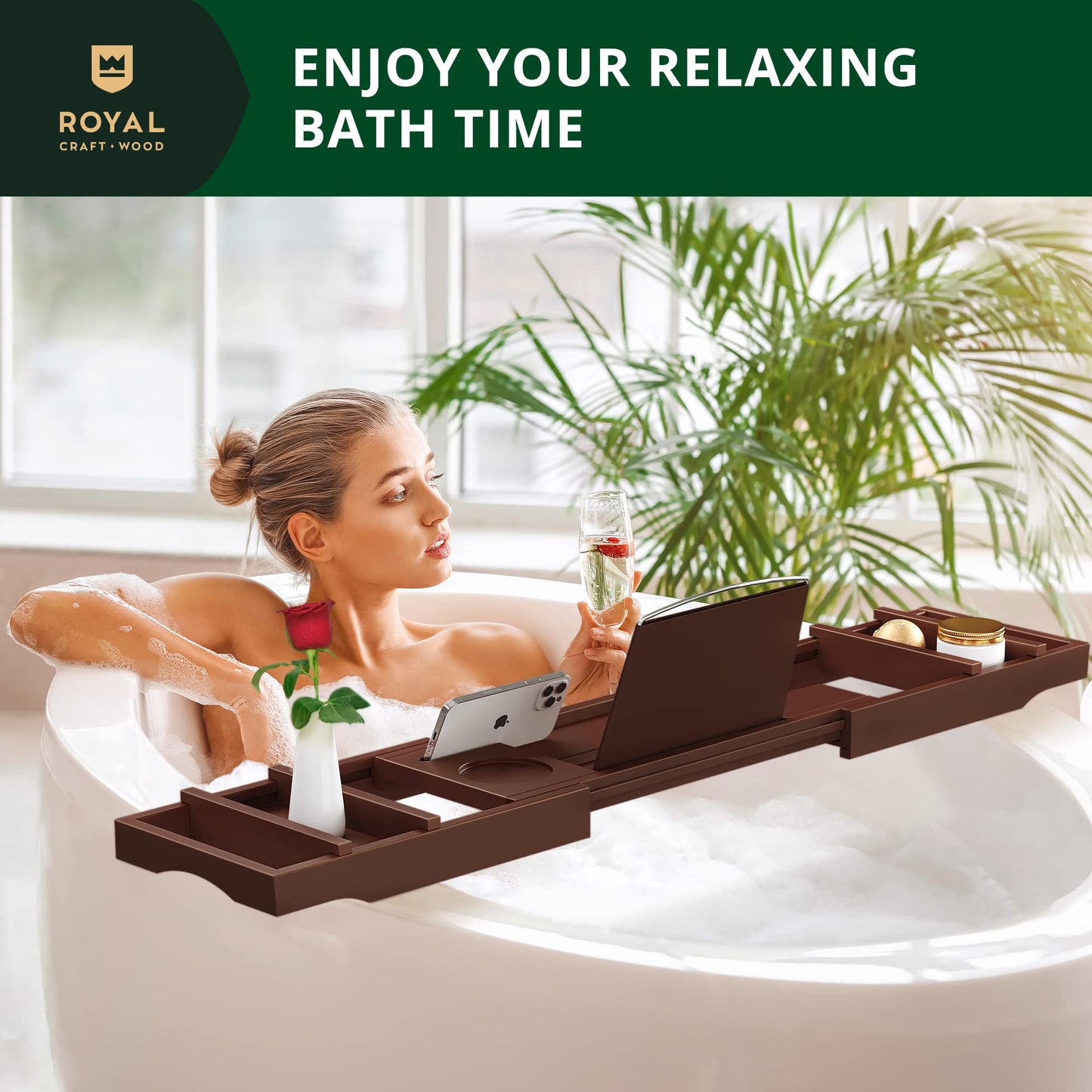 ROYAL CRAFT WOOD Premium Foldable Bathtub Tray - Wood Bath Tray for Tub, Bamboo Shelf, Expandable Bath Table Trays, Bathtub & Bathroom Accessories for New Home & Mothers Day & Birthday Gifts for Mom