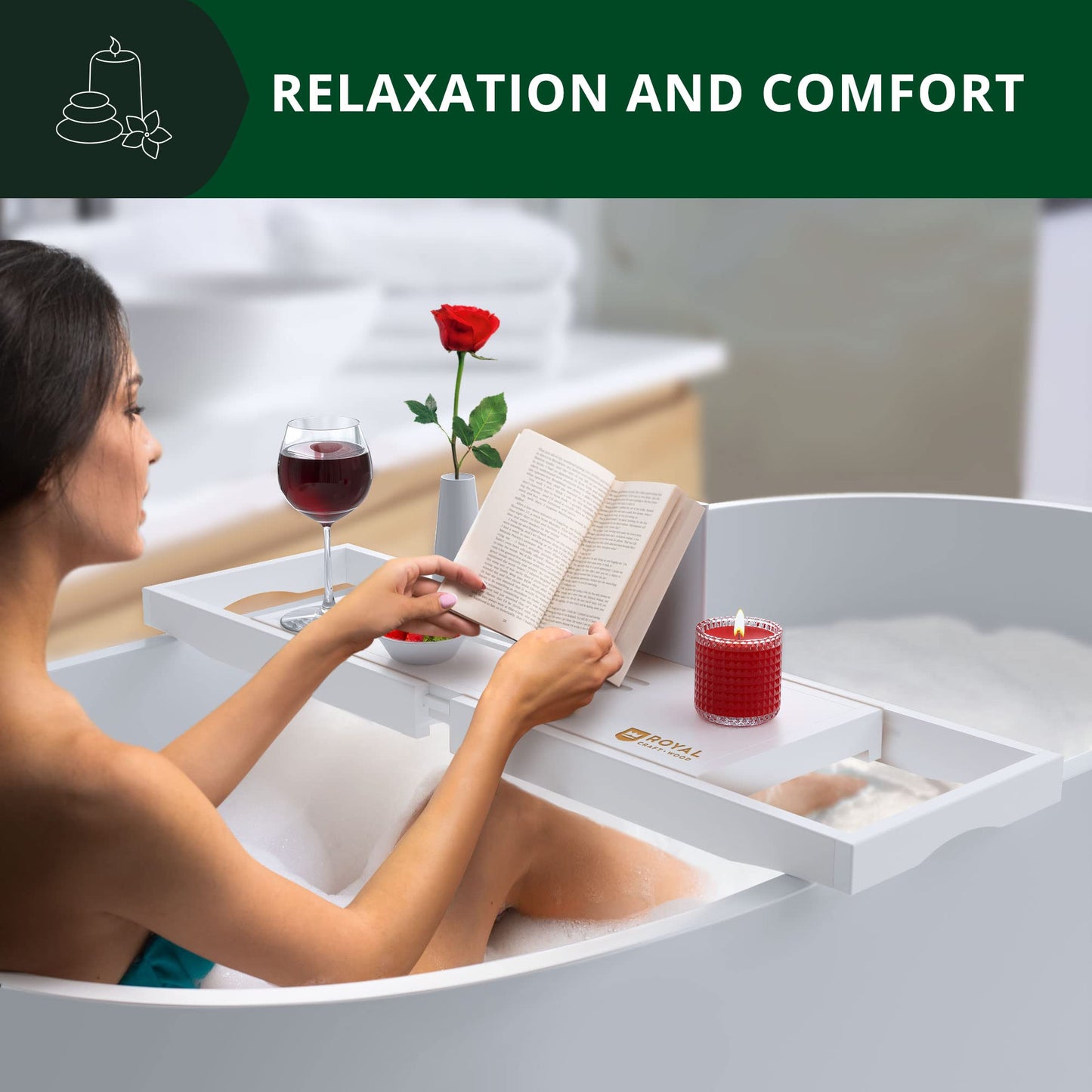 ROYAL CRAFT WOOD Premium Foldable Bathtub Tray - Wood Bath Tray for Tub, Bamboo Shelf, Expandable Bath Table Trays, Bathtub & Bathroom Accessories for New Home & Mothers Day & Birthday Gifts for Mom
