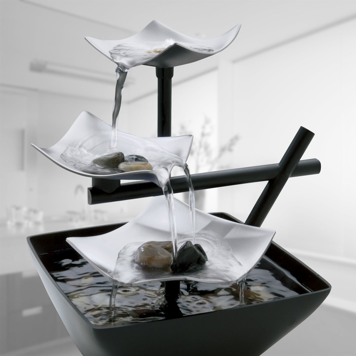 Homedics Golden Dew Relaxation Tabletop Water Fountain with 3 Tiers, Natural River Rocks, and a Quiet Pump for Soothing Zen Ambiance in Your Home or for Office Décor, Powered by 2 AA Batteries