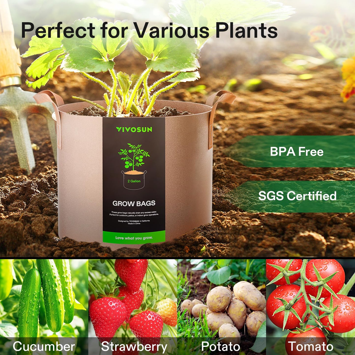 VIVOSUN 5-Pack 5 Gallon Grow Bags Heavy Duty 300G Thickened Nonwoven Plant Fabric Pots with Handles