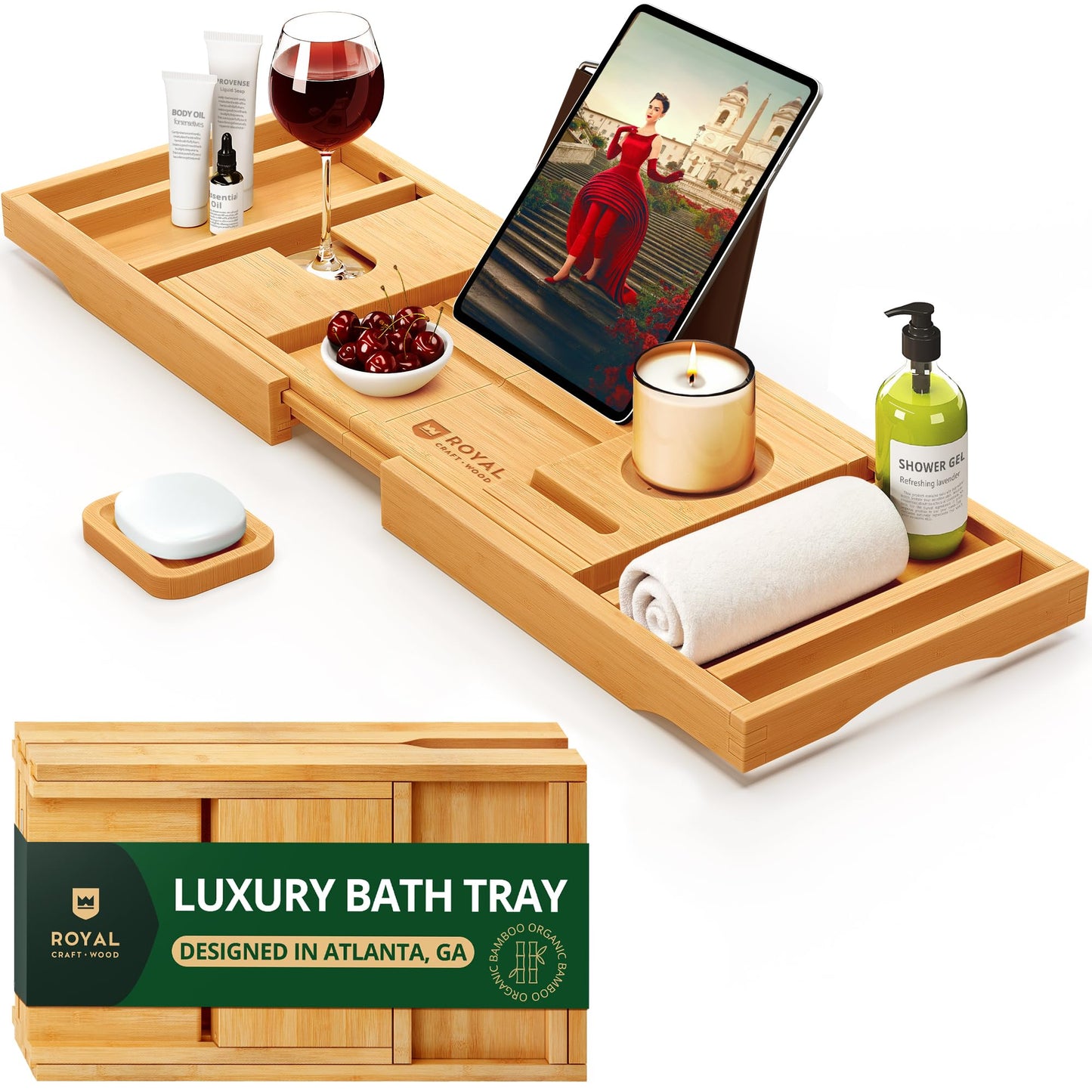 ROYAL CRAFT WOOD Premium Foldable Bathtub Tray - Wood Bath Tray for Tub, Bamboo Shelf, Expandable Bath Table Trays, Bathtub & Bathroom Accessories for New Home & Mothers Day & Birthday Gifts for Mom
